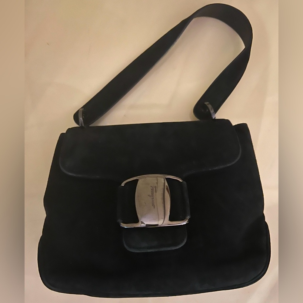 Ferragamo Black Suede Bag with Silver Clasp